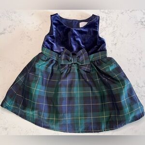 The Children’s Place Toddler Holiday Dress, Blue Velvet & Plaid w/ Bow, 2T